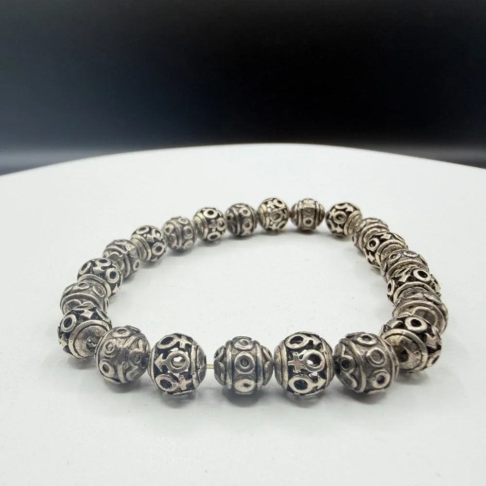 Silver Tone Ornate Beaded Stretch Bracelet Boho Statement Stackable Gift Fashion